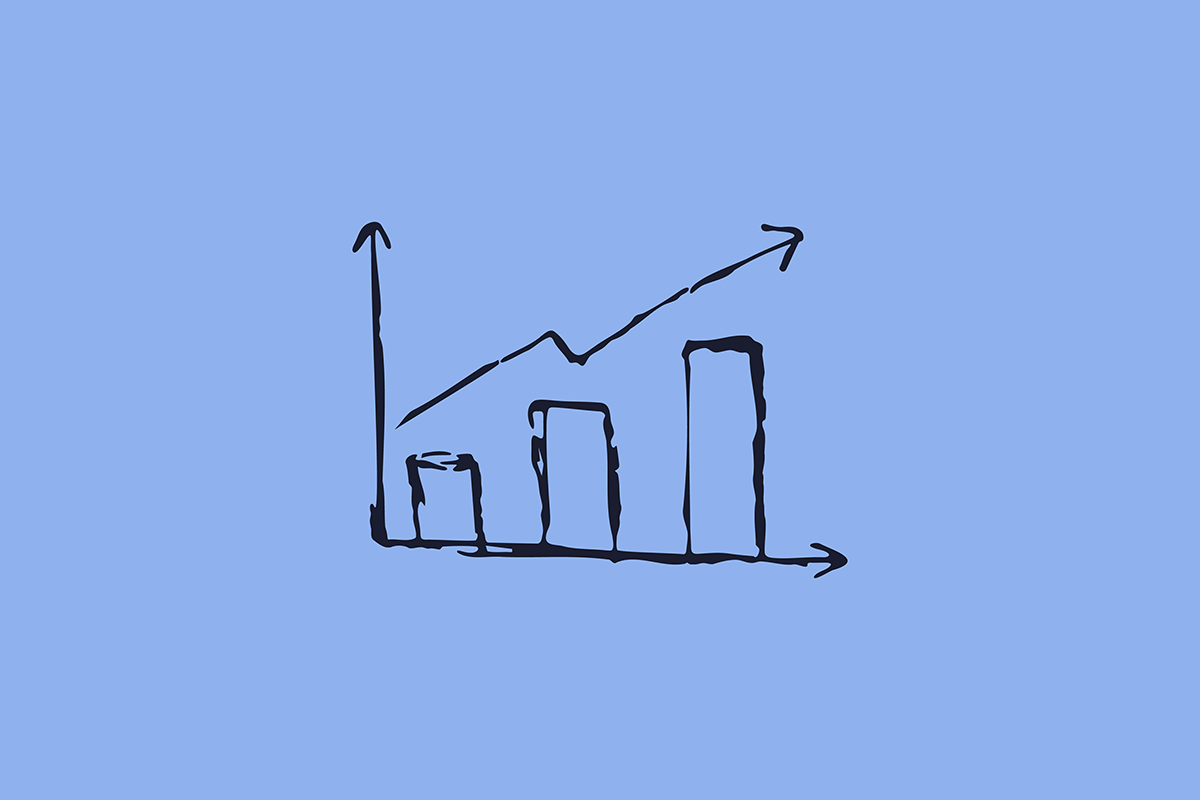 A hand-drawn line graph with four vertical bars increasing in height from left to right, overlaid with a diagonal line that trends upward, set against a light blue background.