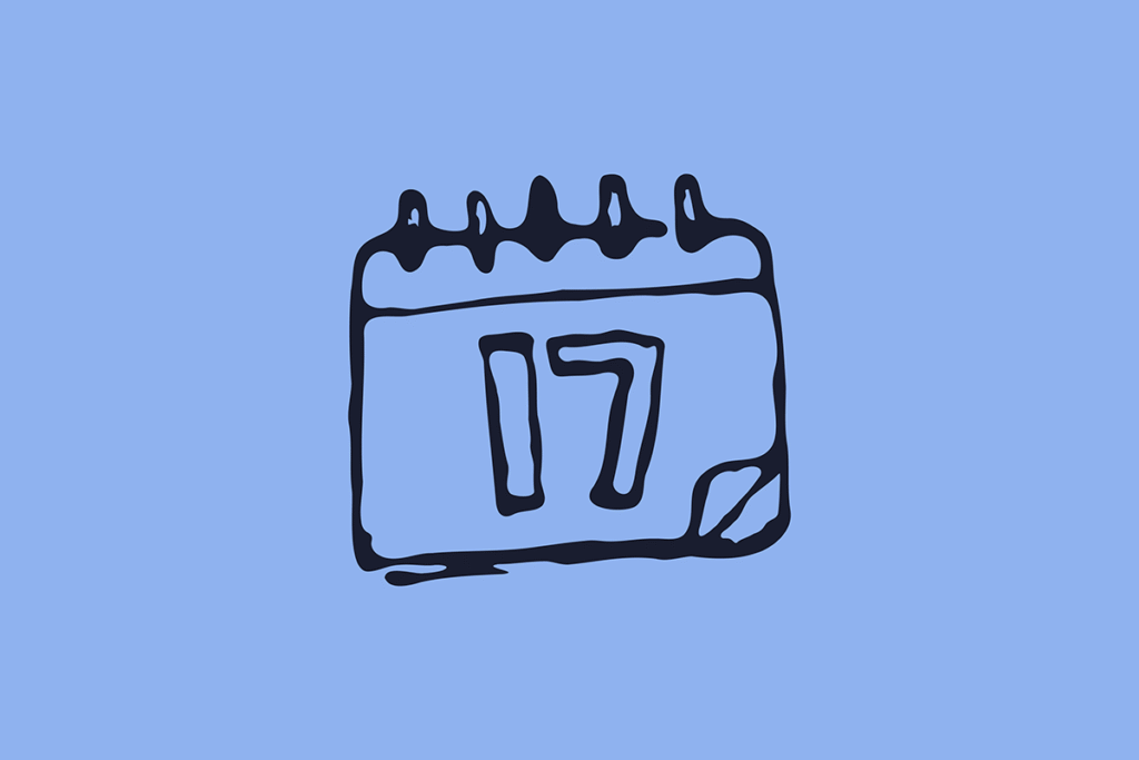 An illustration of a calendar page with the number "17" prominently displayed, set against a light blue background.