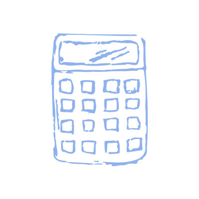A sky blue hand-drawn illustration depicts a calculator.