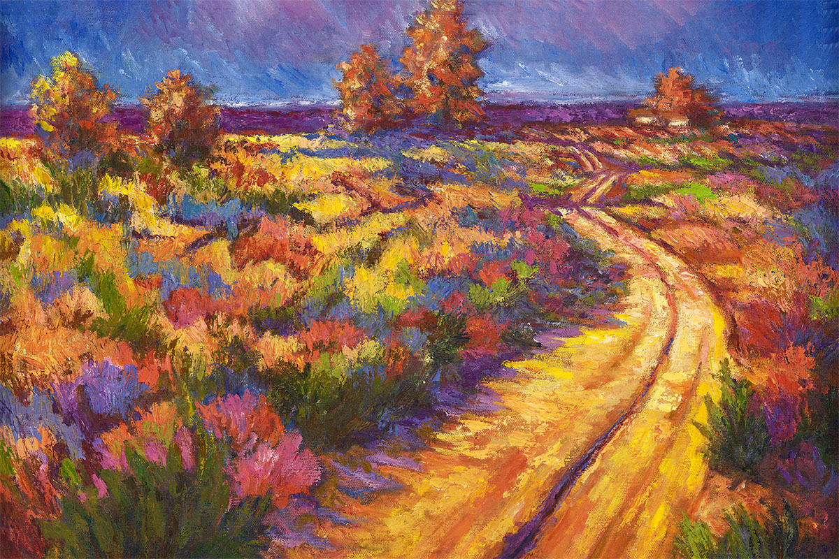 A vibrant landscape painting featuring a winding dirt path illuminated by warm yellow tones, surrounded by colorful fields of flowers in shades of purple, pink, and orange, with trees in the distance under a dramatic sky.
