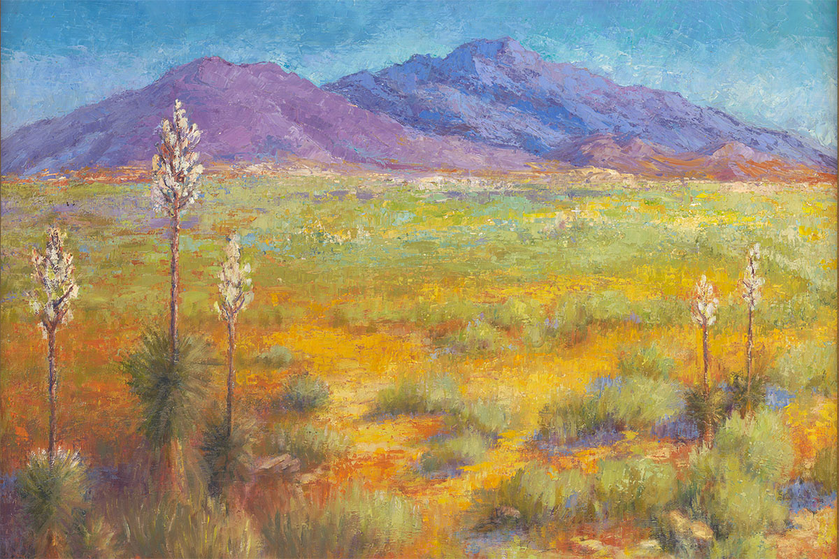 A vibrant landscape painting featuring purple mountains in the background, with fields of yellow and green grass in the foreground, accented by tall yucca plants. The sky is a gradient of blue, suggesting a clear day.