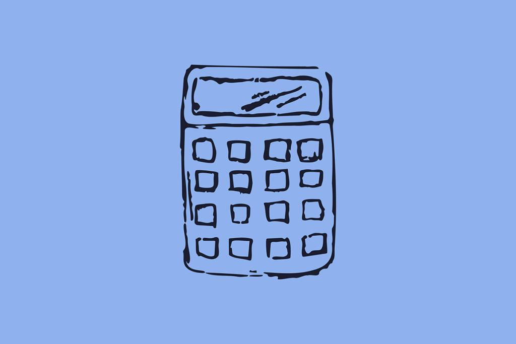 A simple line drawing of a calculator on a light blue background.