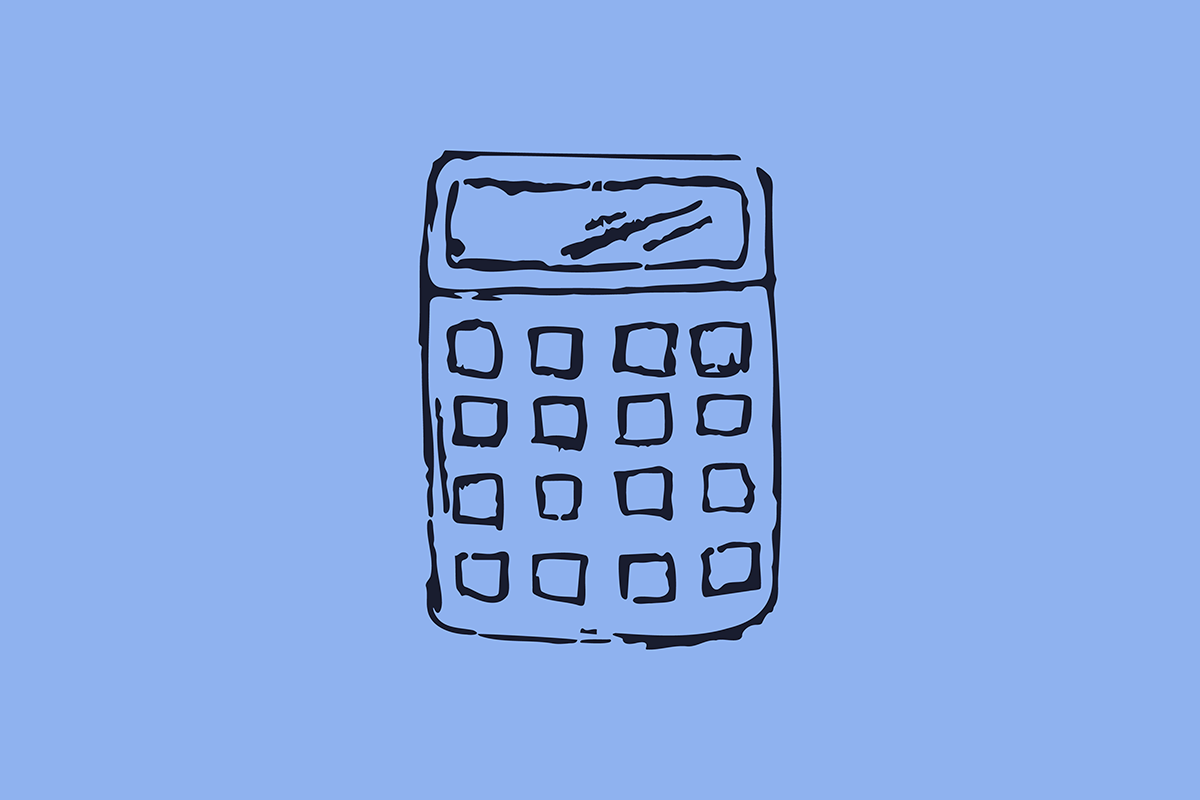 A simple line drawing of a calculator on a light blue background.
