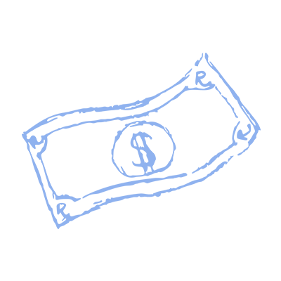 A sky blue hand-drawn illustration depicts a dollar bill.