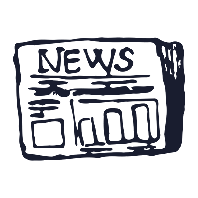 A navy blue hand-drawn illustration depicts a newspaper
