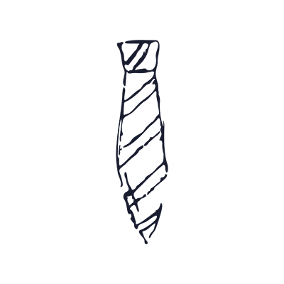 A navy blue hand-drawn illustration depicts a tie.