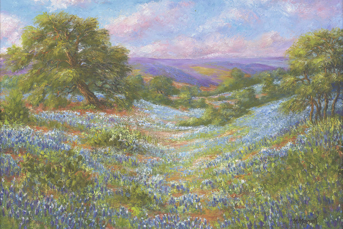 A vibrant landscape painting featuring rolling hills covered in blue wildflowers, with a large green tree on the left and smaller trees scattered throughout. The sky is painted in soft shades of blue, pink, and white, suggesting a serene, sunny day.