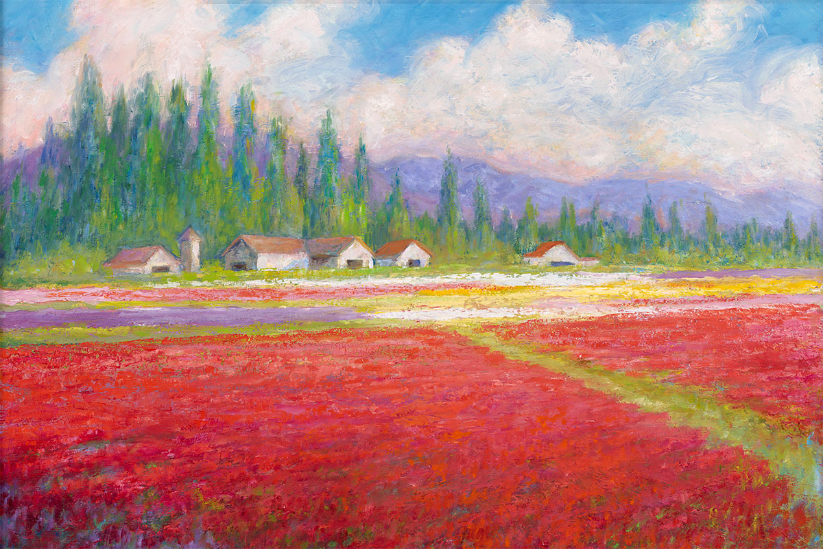 A vibrant landscape painting featuring a field of red flowers in the foreground, with patches of white and lavender, and a row of simple, rustic houses set against a backdrop of tall green trees and distant purple mountains under a blue sky with fluffy clouds.