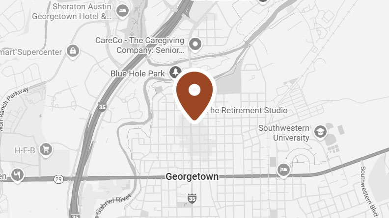 Map of Georgetown with a highlighted location marker indicating "The Retirement Studio" near Blue Hole Park and Southwestern University.
