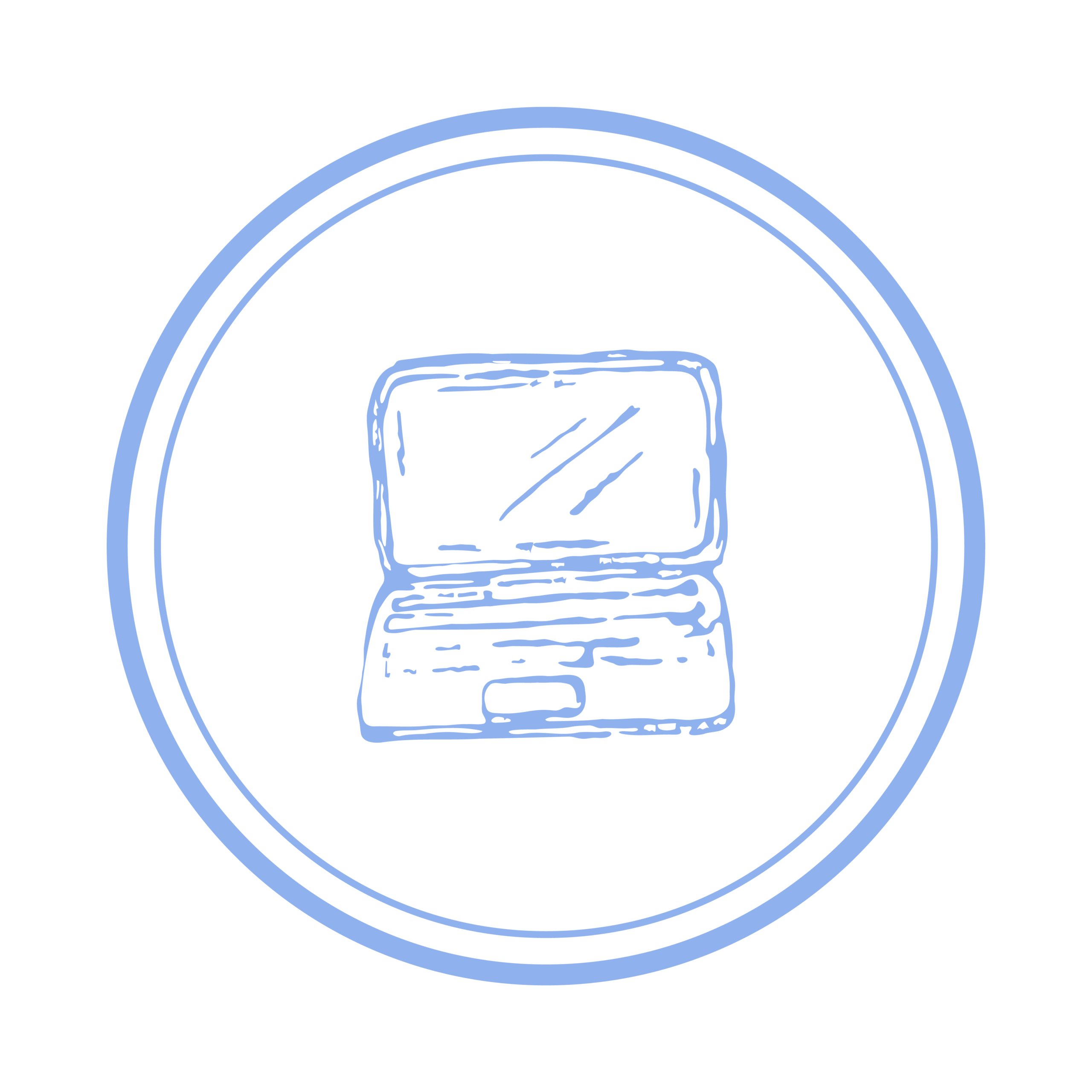 A navy blue hand-drawn illustration depicts a laptop.