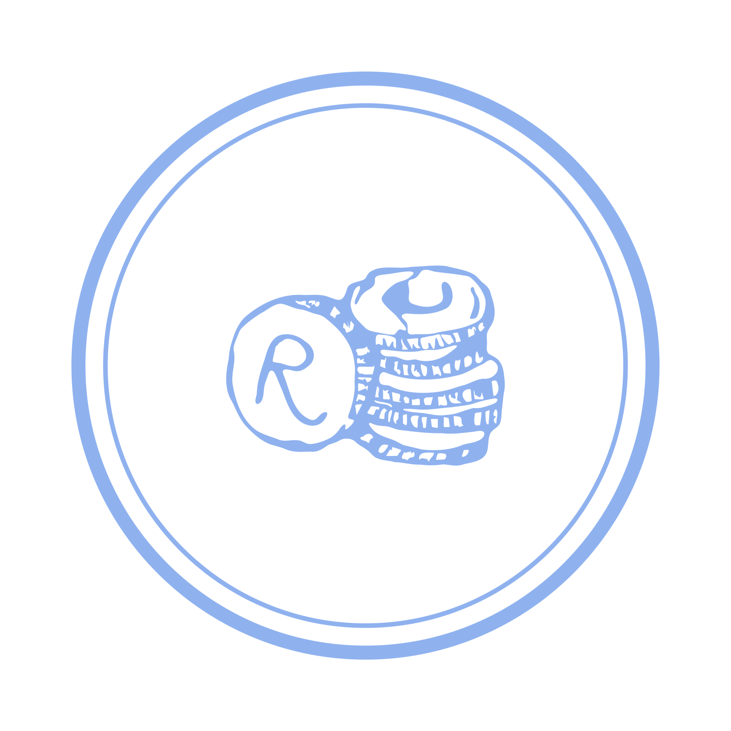 A navy blue hand-drawn illustration depicts a stack of coins with the letter "R".