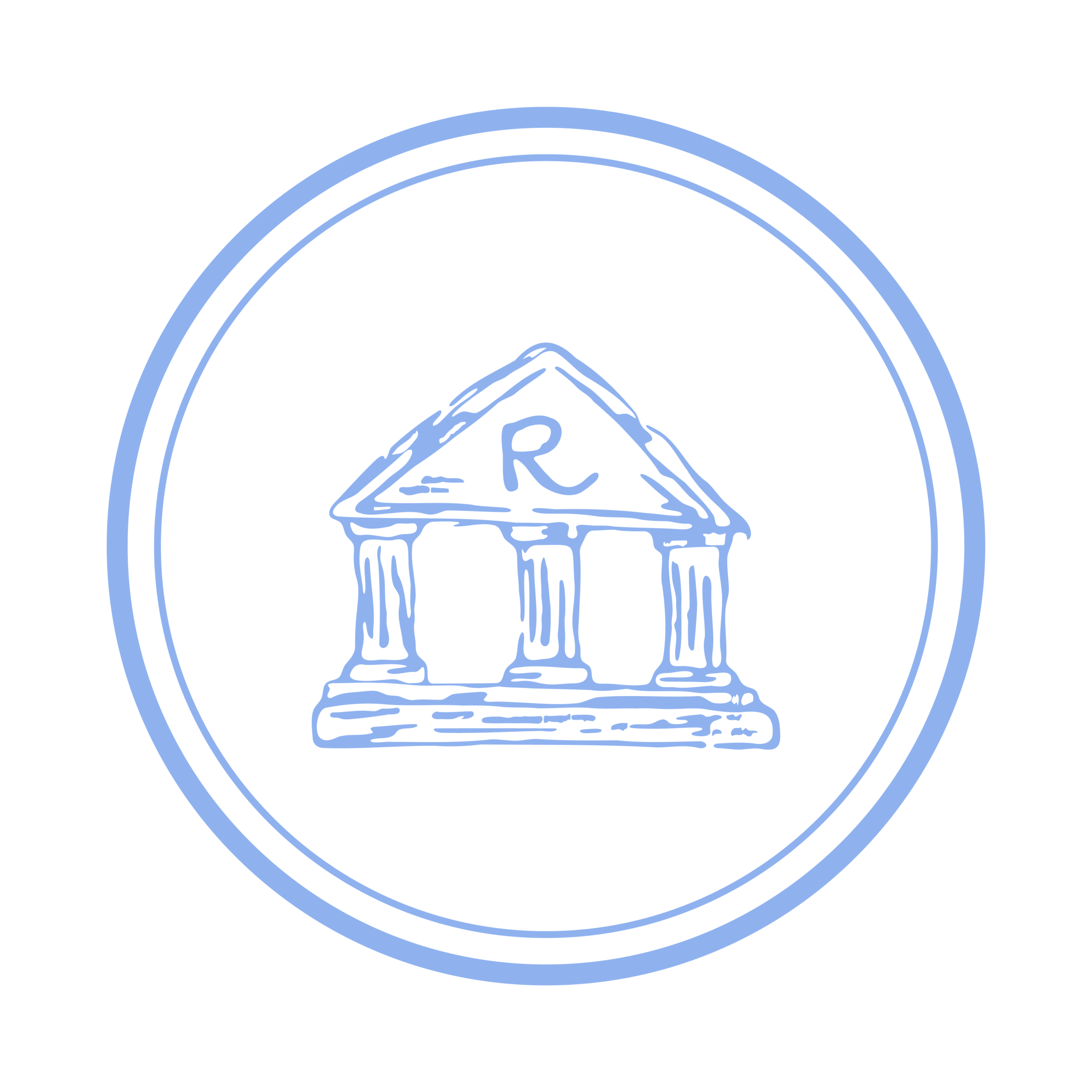 A navy blue hand-drawn illustration depicts a bank with the letter "R" above the doorway.