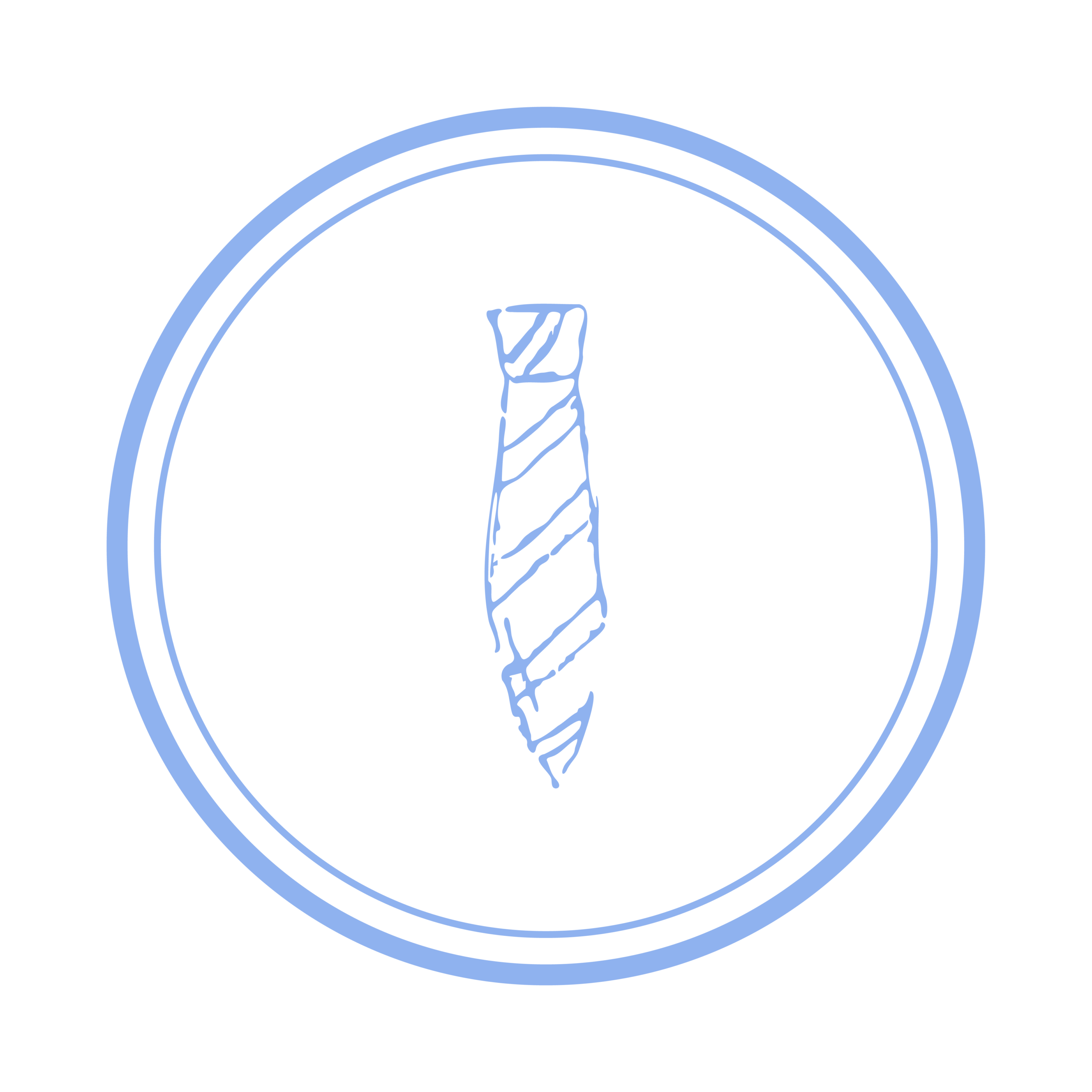 A navy blue hand-drawn illustration depicts a tie.