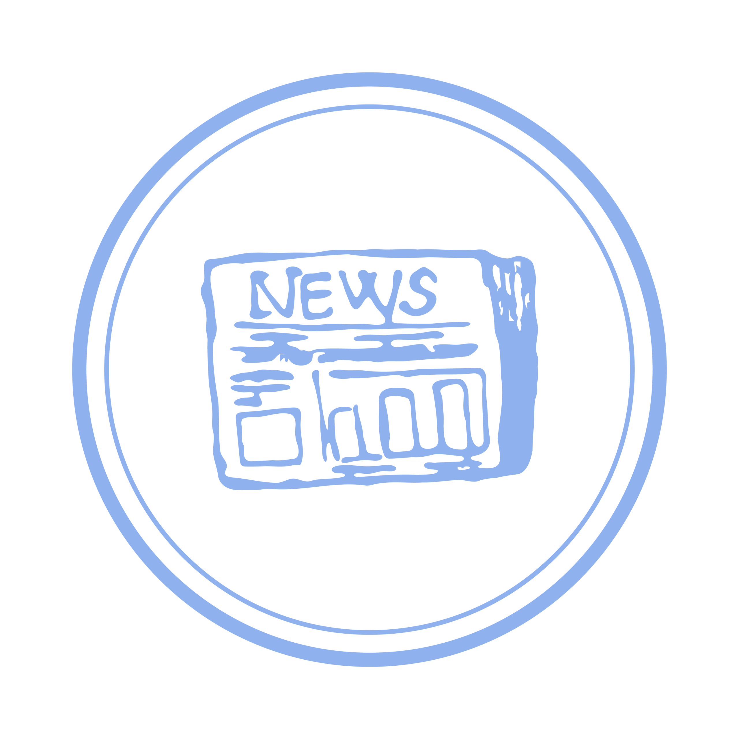 A navy blue hand-drawn illustration depicts a newspaper