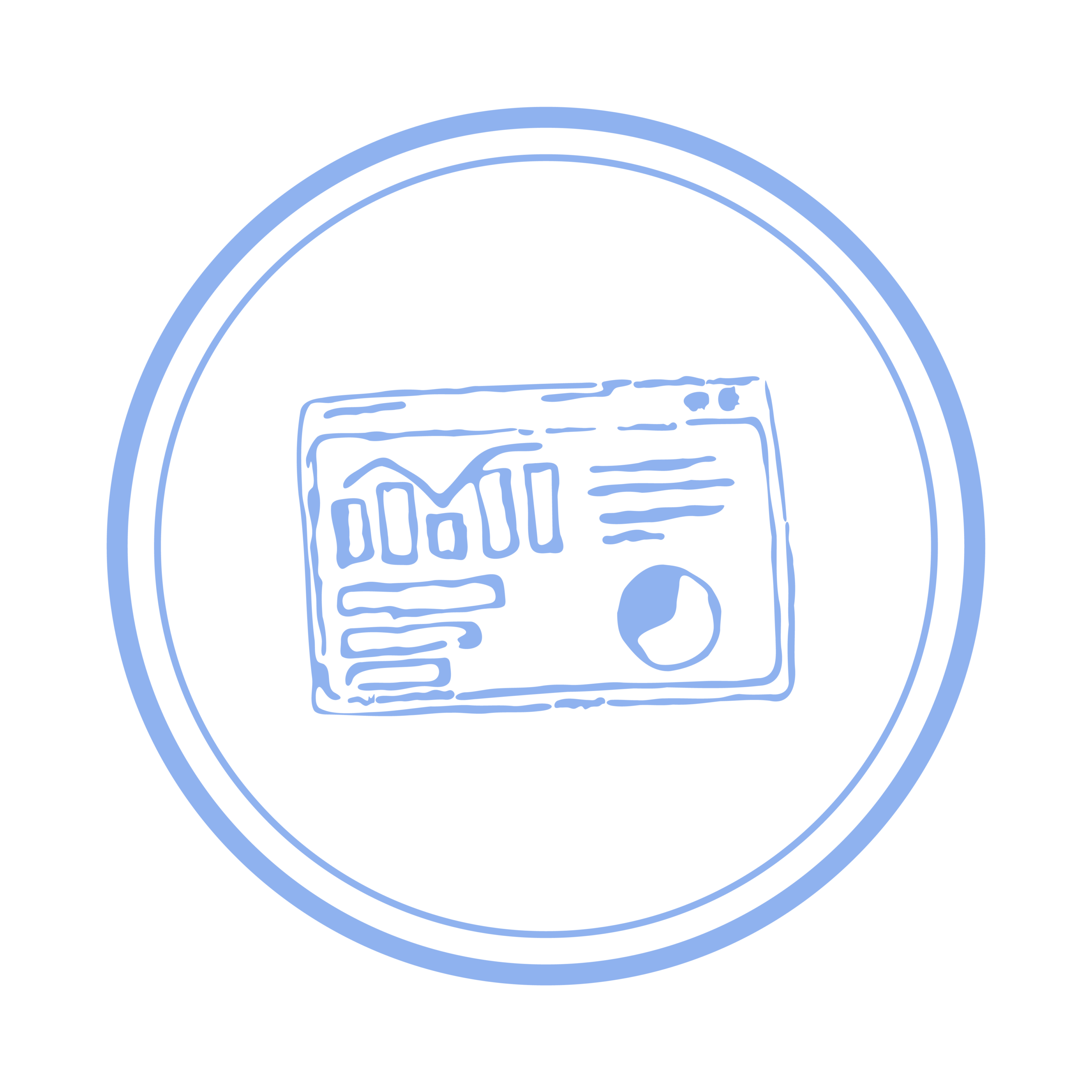 A navy blue hand-drawn illustration depicts a computer screen showing charts and graphs.